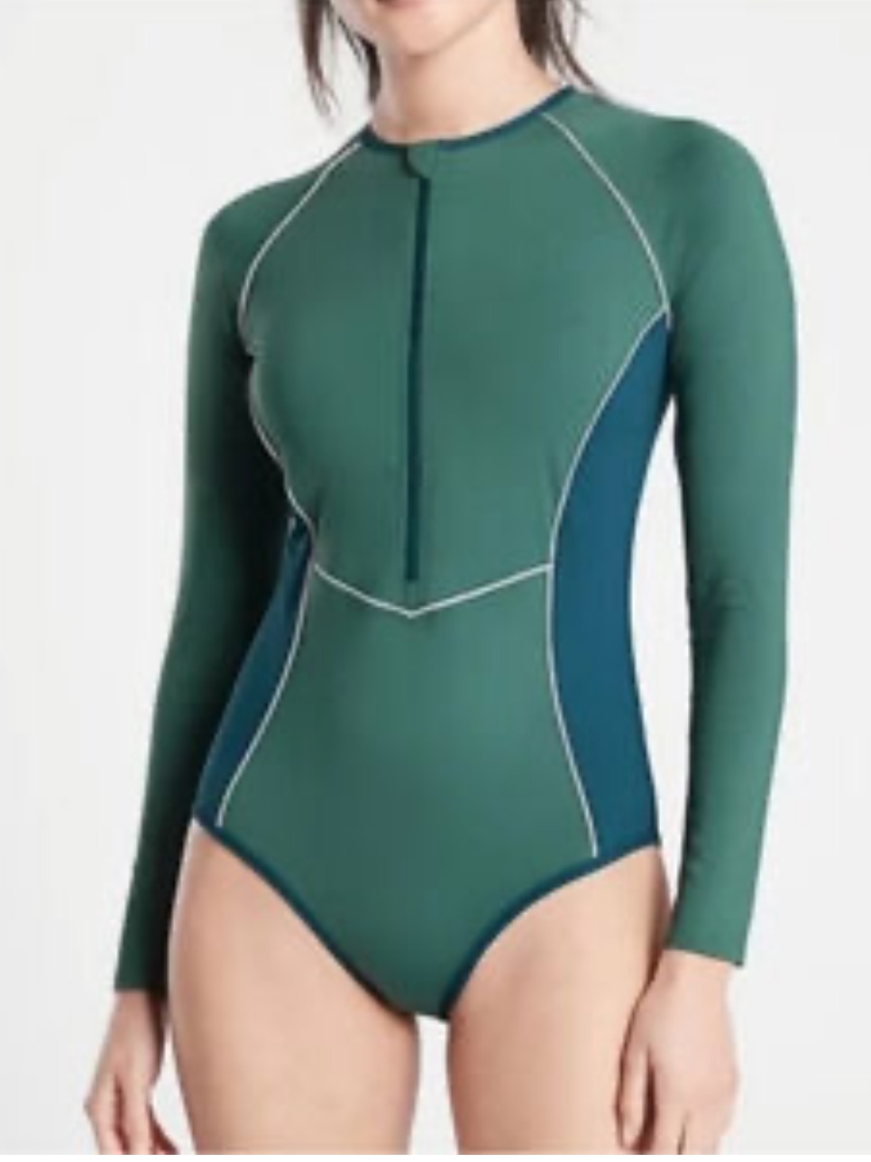 Athleta Amazon Green Color Block One Piece Long Sleeve Rash Guard Swimsuit Small